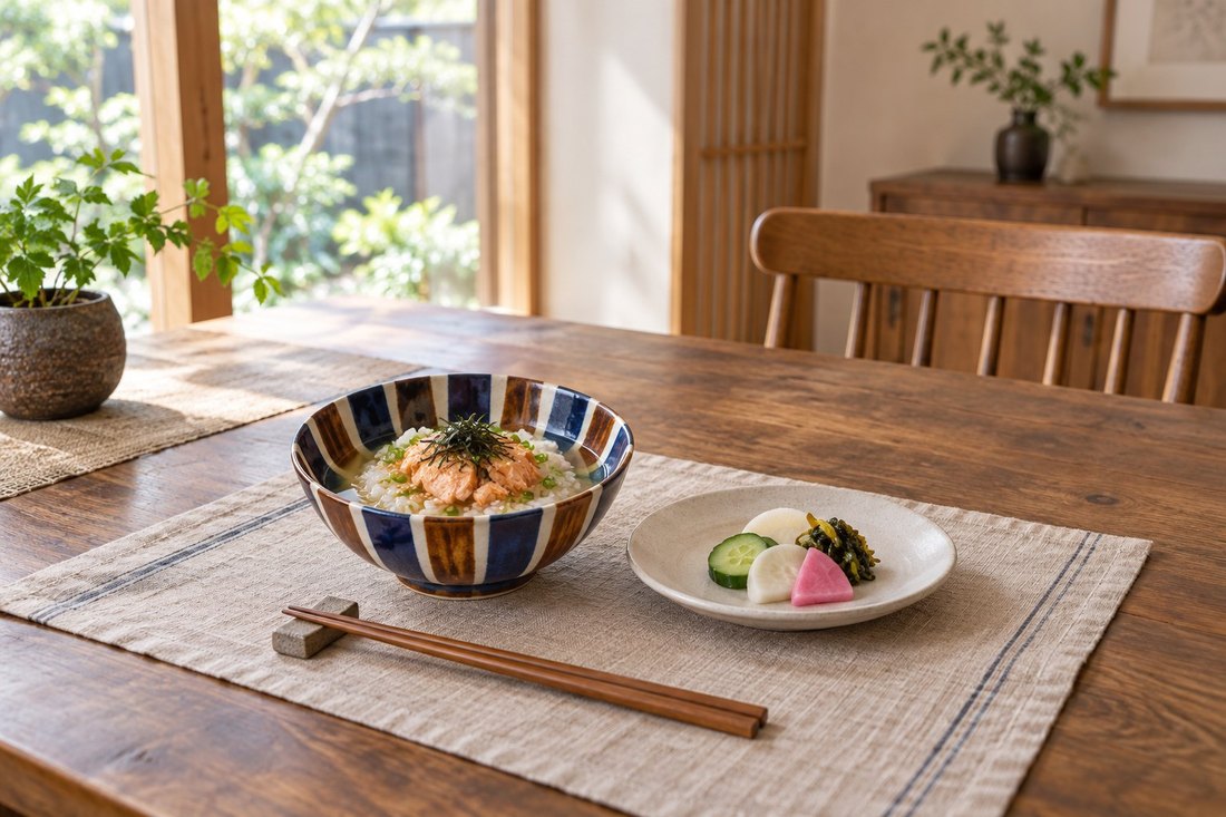 染付の鉢にご飯を盛って