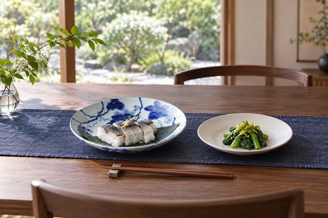 染付の大皿に押し寿司、小皿に青菜